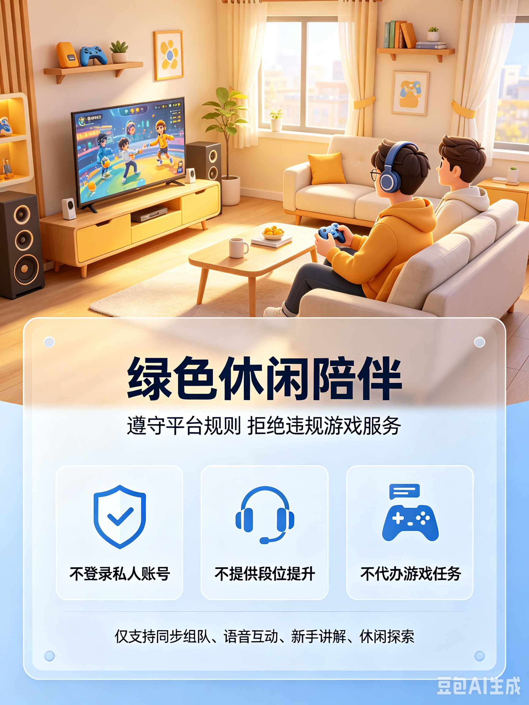 合规声明强调：绿色休闲陪伴，不登录私人账号，不提供代练代打，不代办资源任务
